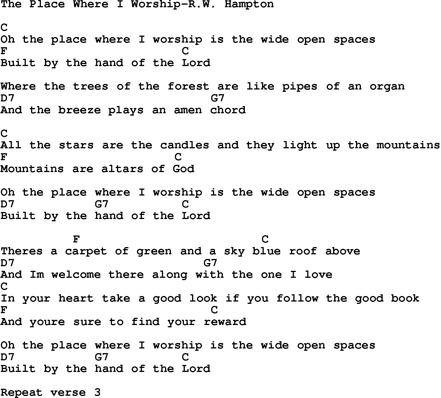 Country, Southern and Bluegrass Gospel Song The Place Where I Worship-R W Hampton lyrics and chords