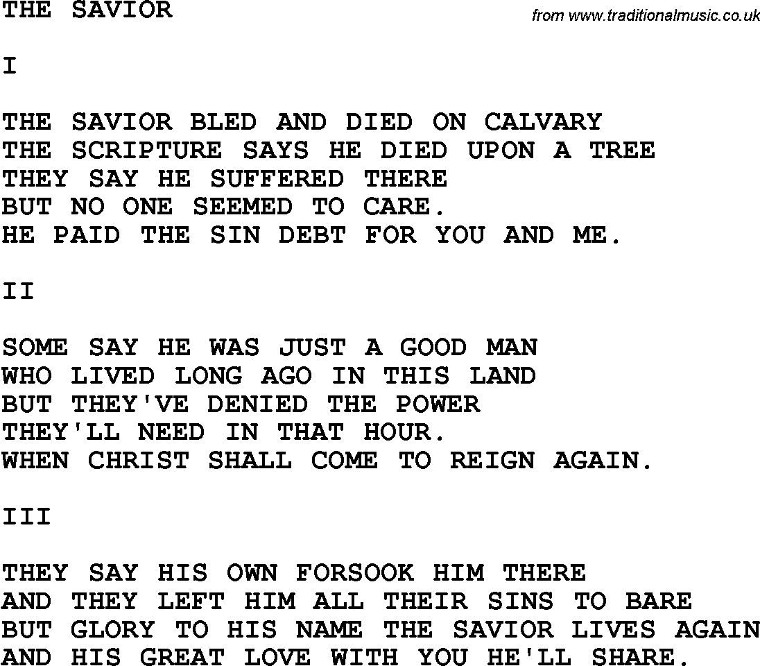 Country, Southern and Bluegrass Gospel Song The Savior lyrics 