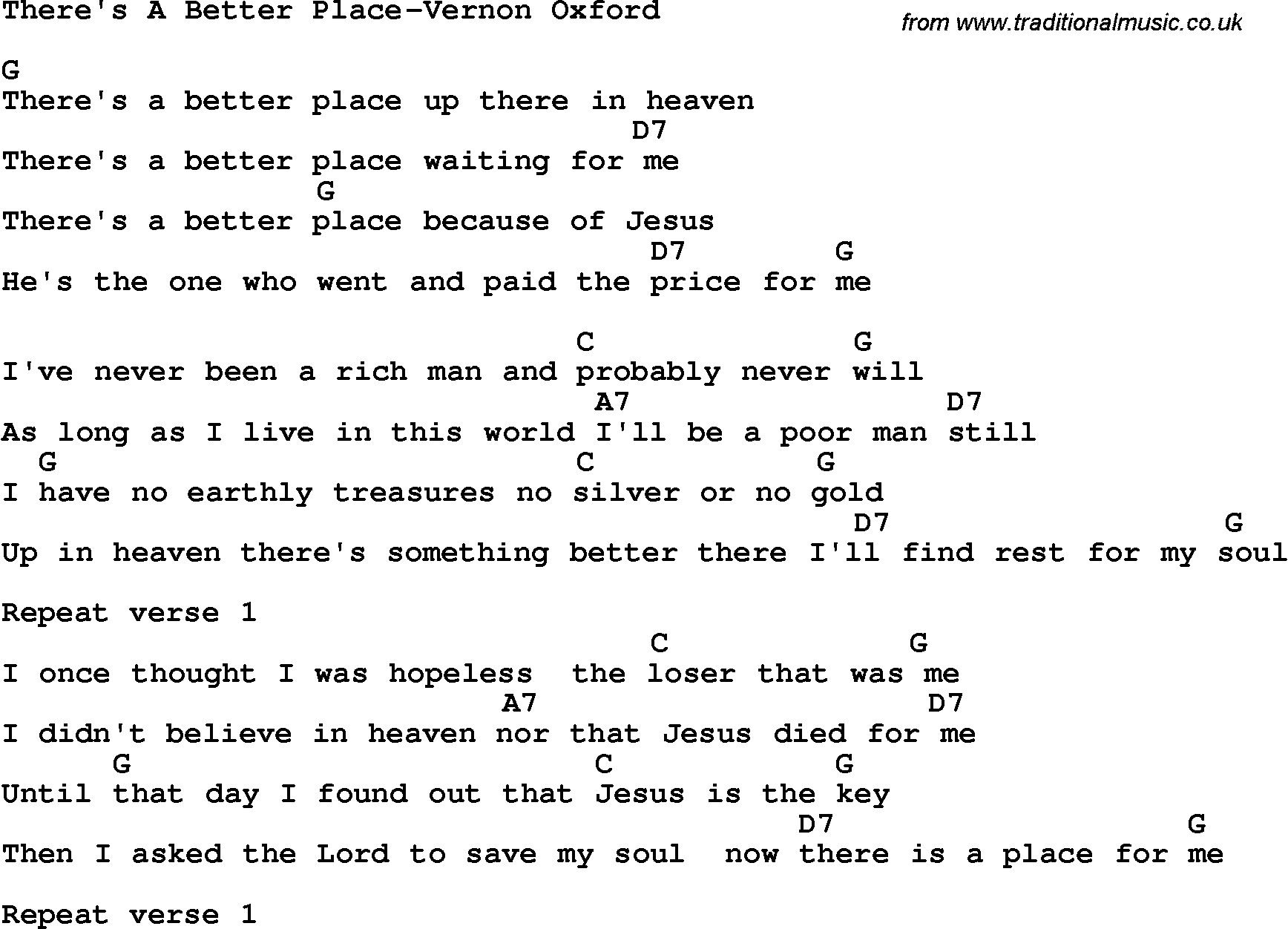 Country, Southern and Bluegrass Gospel Song There's A Better Place-Vernon Oxford lyrics and chords