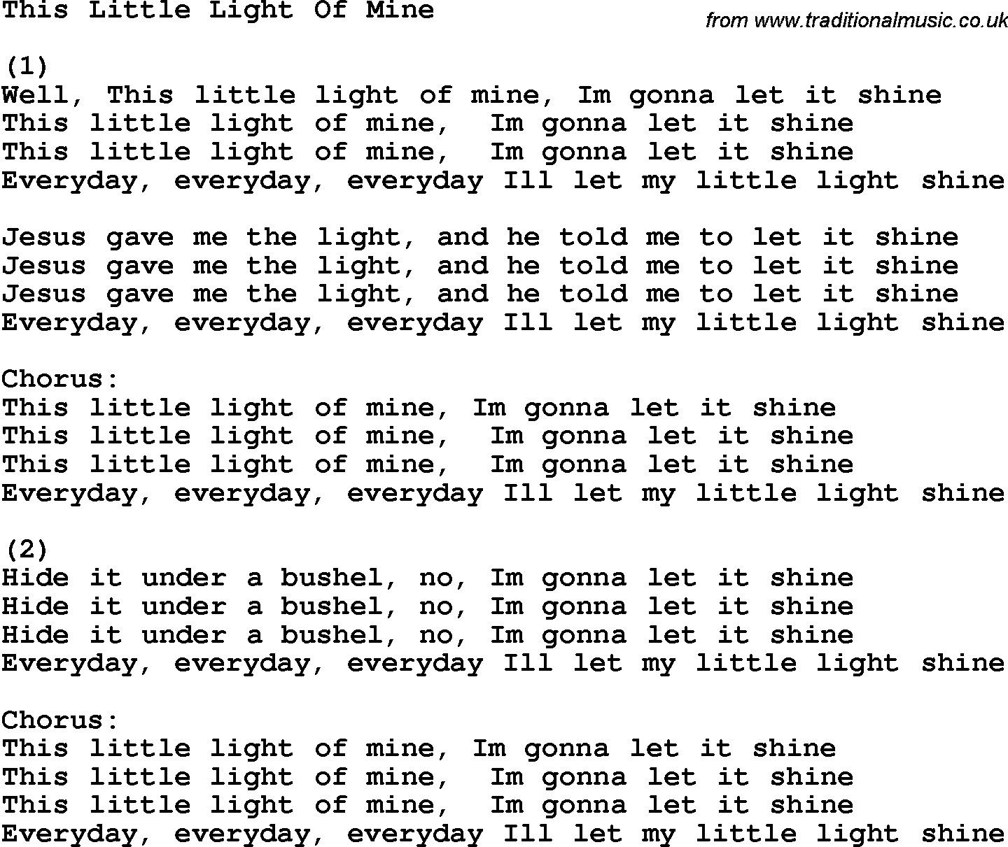 Country, Southern and Bluegrass Gospel Song This Little Light Of Mine lyrics 