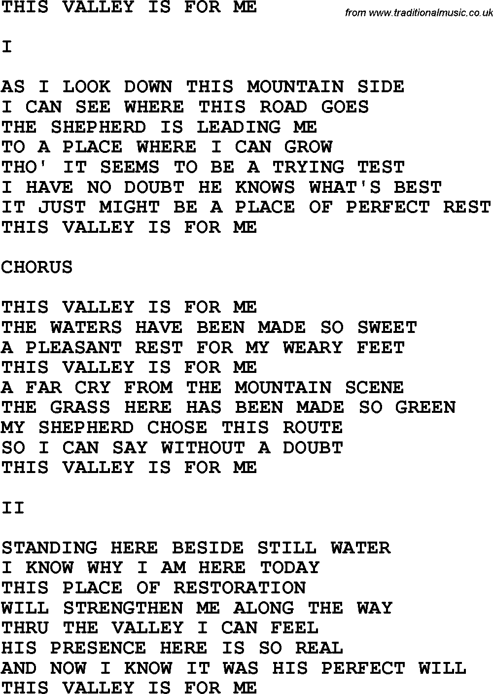 Country, Southern and Bluegrass Gospel Song This Valley Is For Me lyrics 