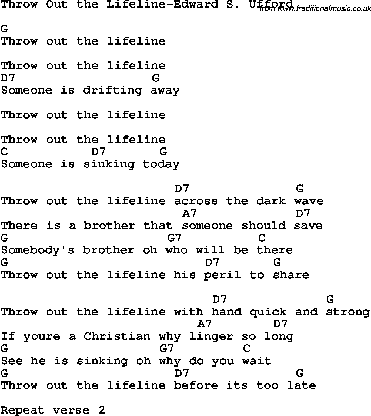 Country, Southern and Bluegrass Gospel Song Throw Out the Lifeline-Edward S Ufford lyrics and chords