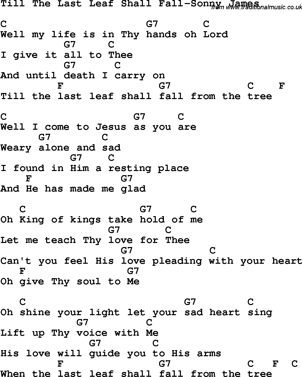Country, Southern and Bluegrass Gospel Song Till The Last Leaf Shall Fall-Sonny James lyrics and chords