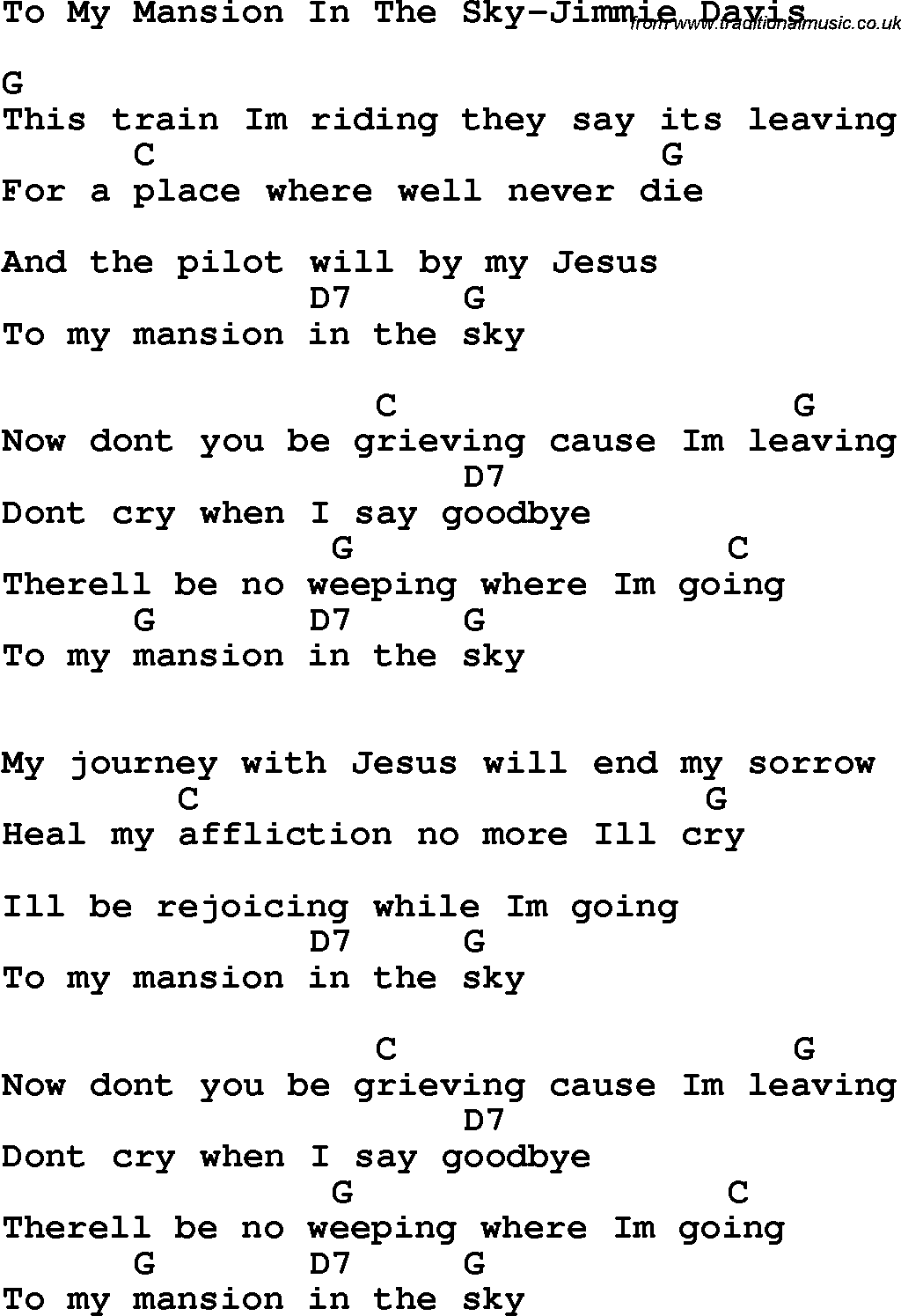 Country, Southern and Bluegrass Gospel Song To My Mansion In The Sky-Jimmie Davis lyrics and chords