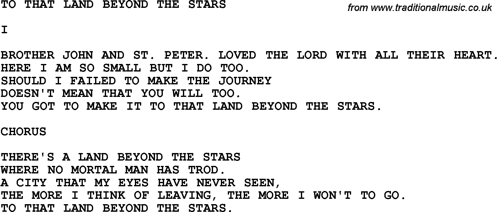 Country, Southern and Bluegrass Gospel Song To That Land Beyond The Stars lyrics 