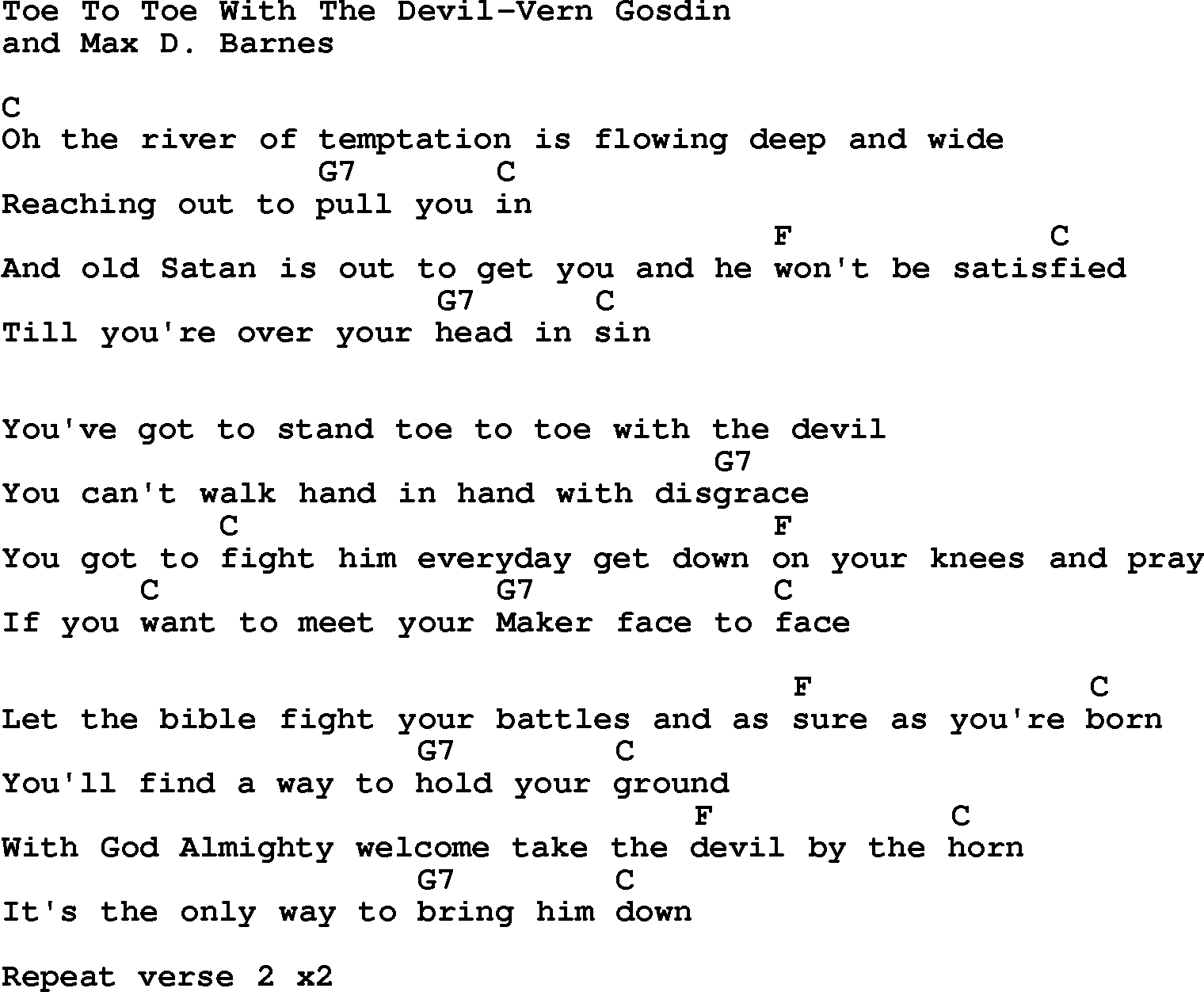 Country, Southern and Bluegrass Gospel Song Toe To Toe With The Devil-Vern Gosdin lyrics and chords