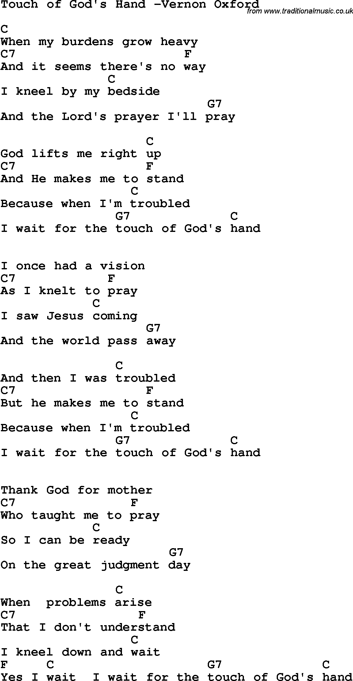 Country, Southern and Bluegrass Gospel Song Touch of God's Hand -Vernon Oxford lyrics and chords