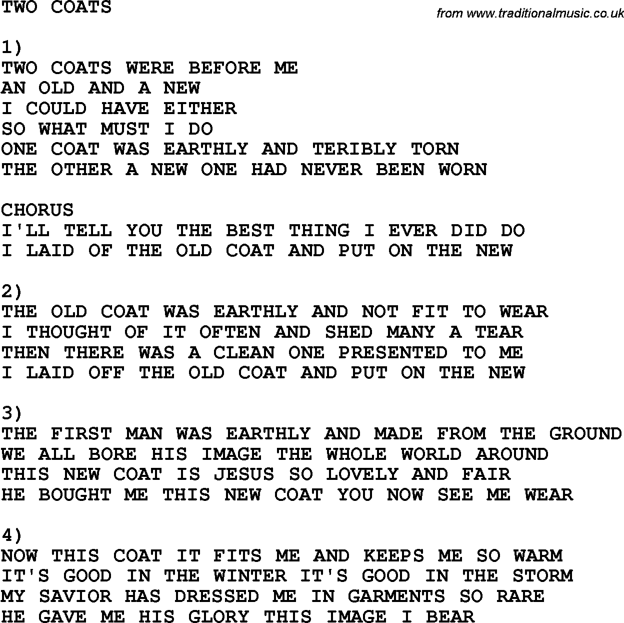 Country, Southern and Bluegrass Gospel Song Two Coats lyrics 