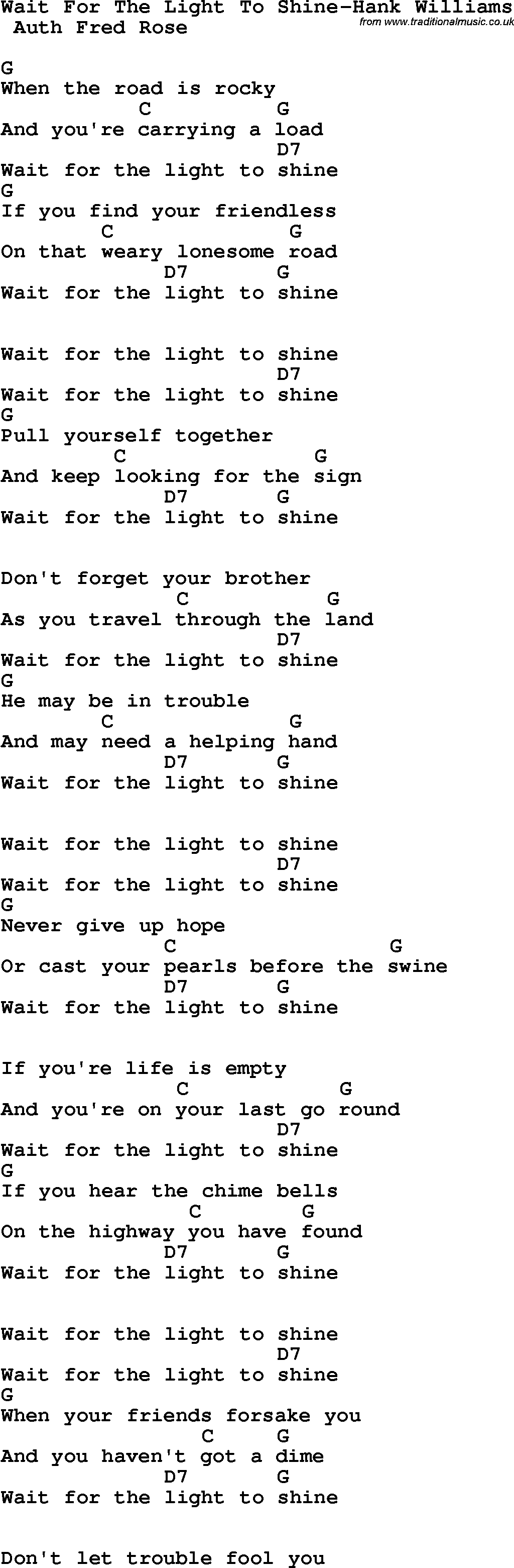 Country, Southern and Bluegrass Gospel Song Wait For The Light To Shine-Hank Williams lyrics and chords
