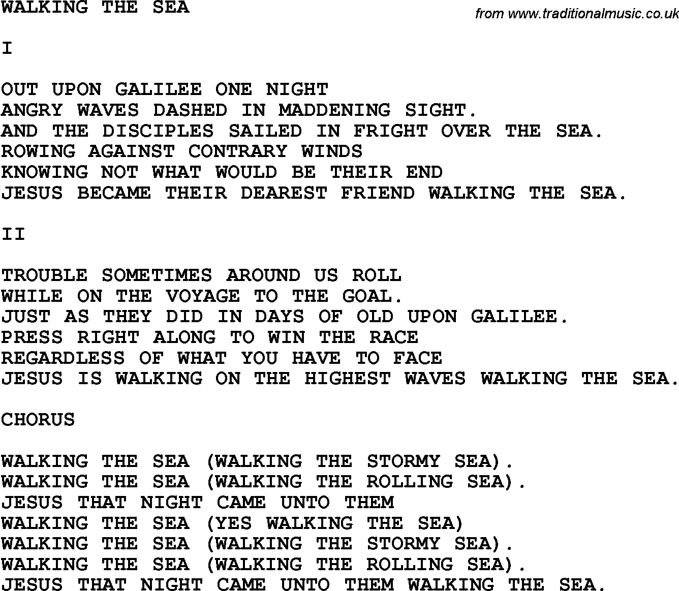 Country, Southern and Bluegrass Gospel Song Walking The Sea lyrics 