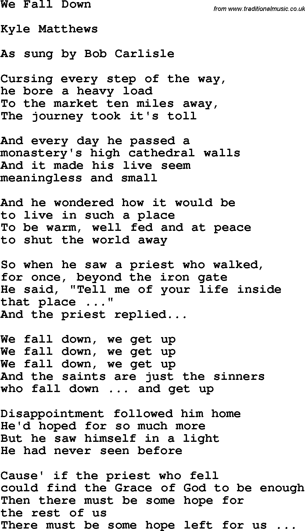 Country, Southern and Bluegrass Gospel Song We Fall Down lyrics 