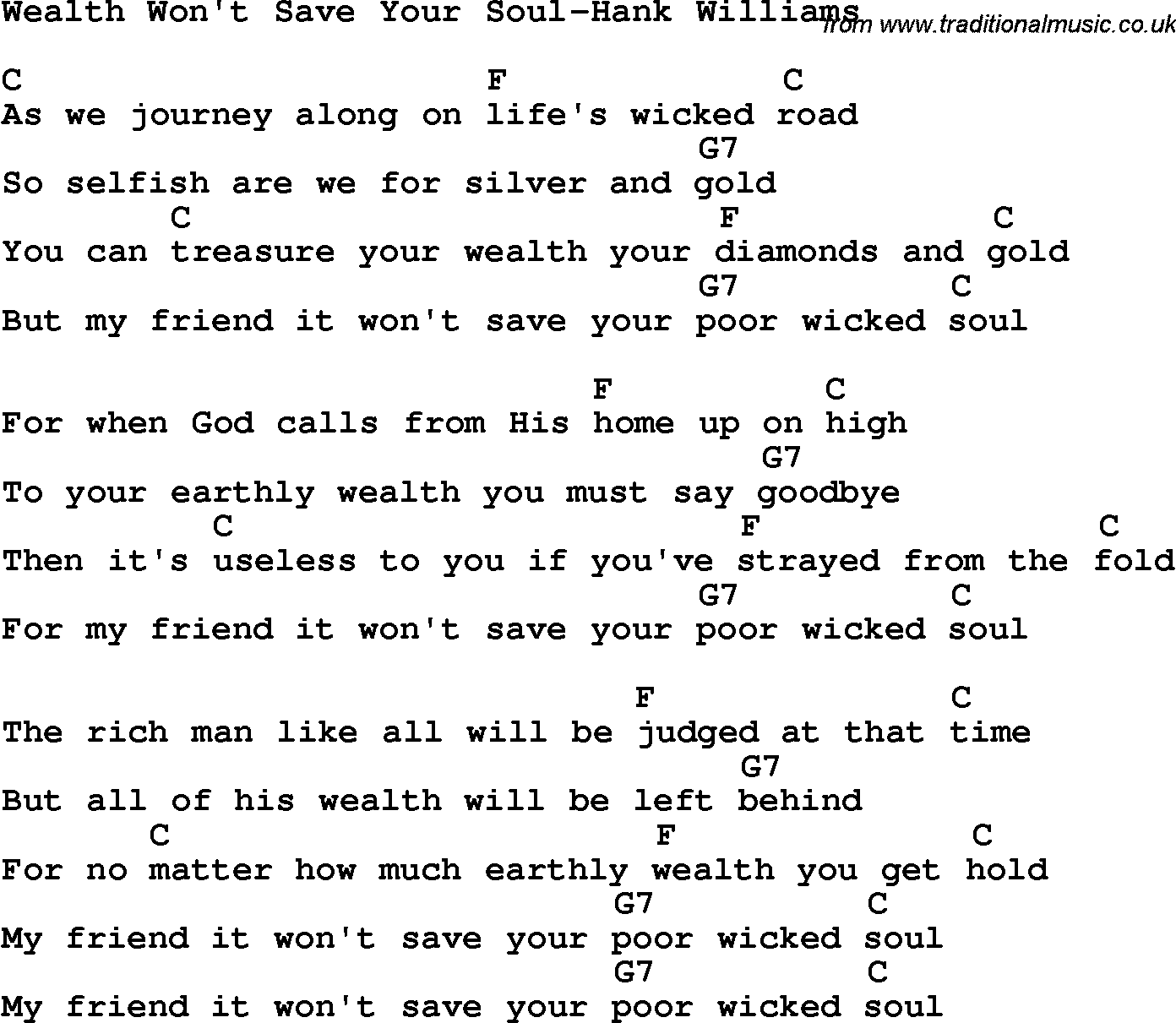 Country, Southern and Bluegrass Gospel Song Wealth Won't Save Your Soul-Hank Williams lyrics and chords