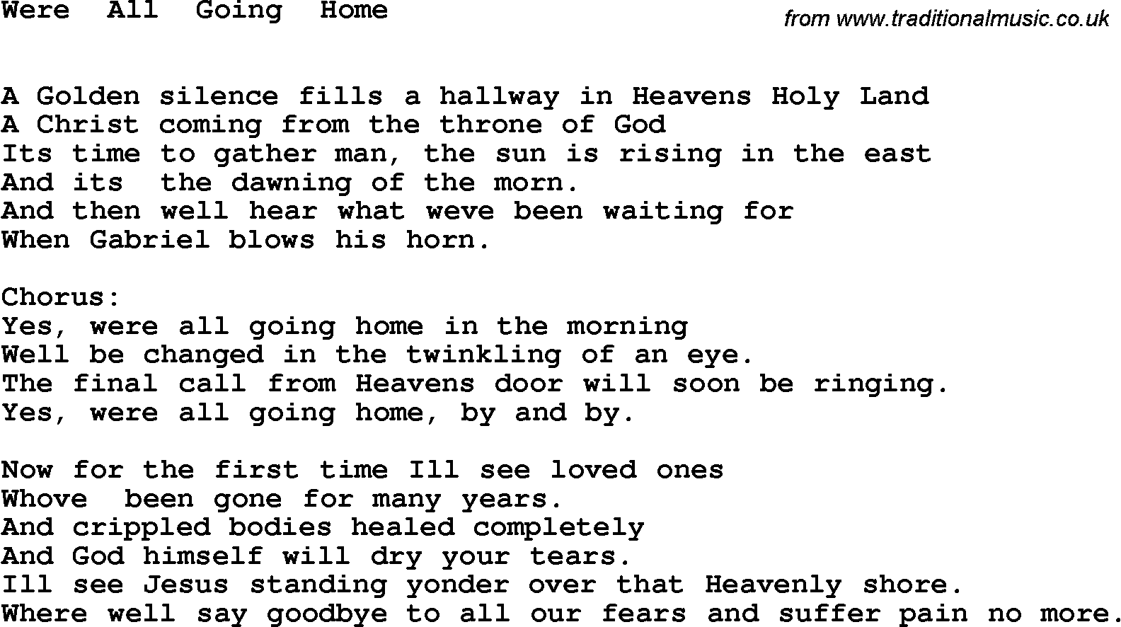 Country, Southern and Bluegrass Gospel Song Were  All  Going  Home lyrics 