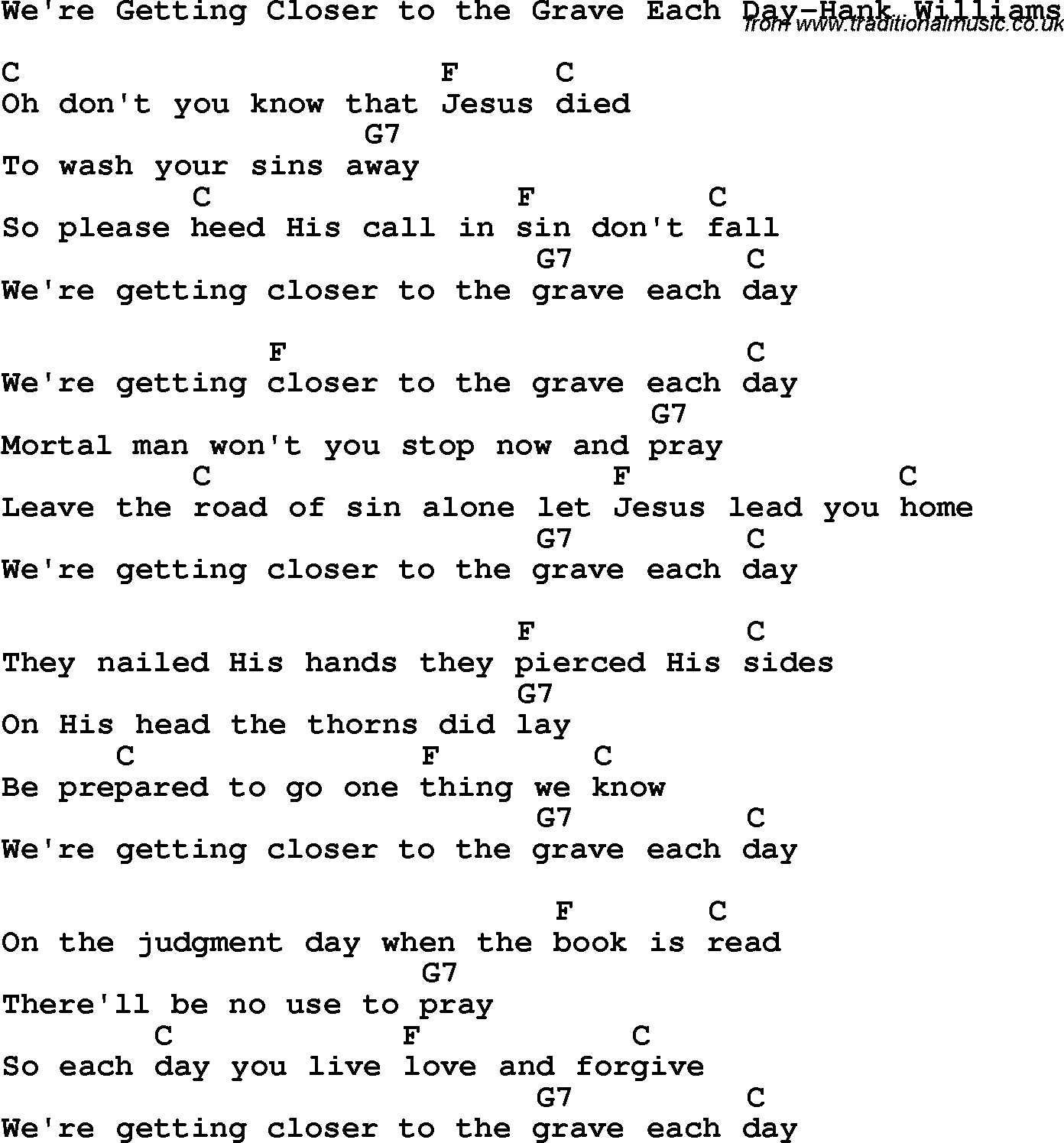 Country, Southern and Bluegrass Gospel Song We're Getting Closer to the Grave Each Day-Hank Williams lyrics and chords