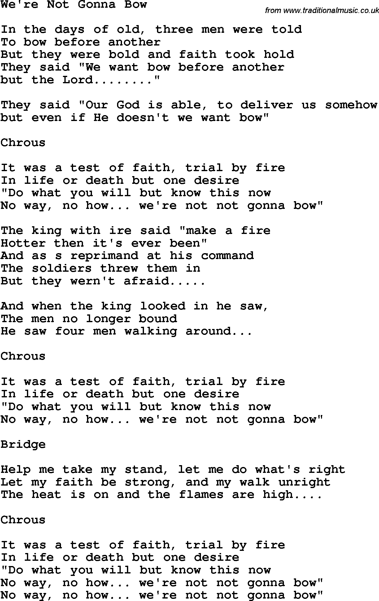 Country, Southern and Bluegrass Gospel Song We're Not Gonna Bow lyrics 
