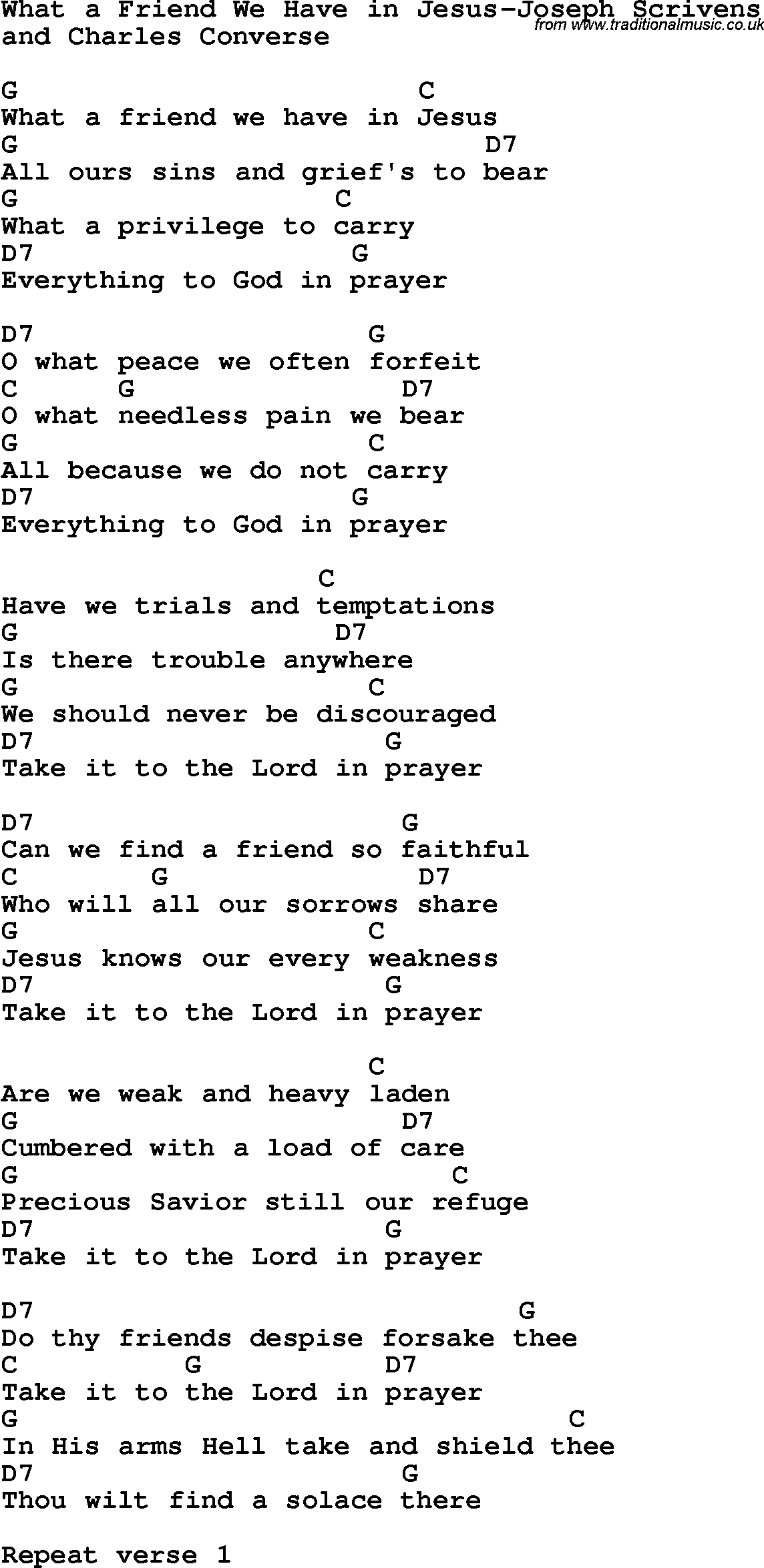 Country, Southern and Bluegrass Gospel Song What a Friend We Have in Jesus-Joseph Scrivens lyrics and chords