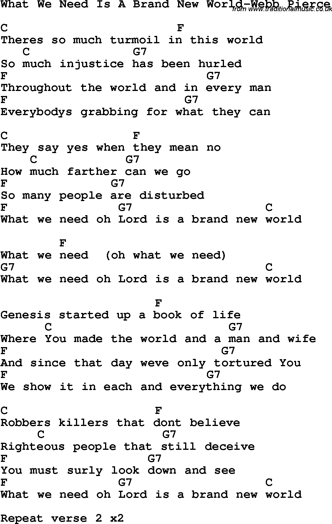 Country, Southern and Bluegrass Gospel Song What We Need Is A Brand New World-Webb Pierce lyrics and chords