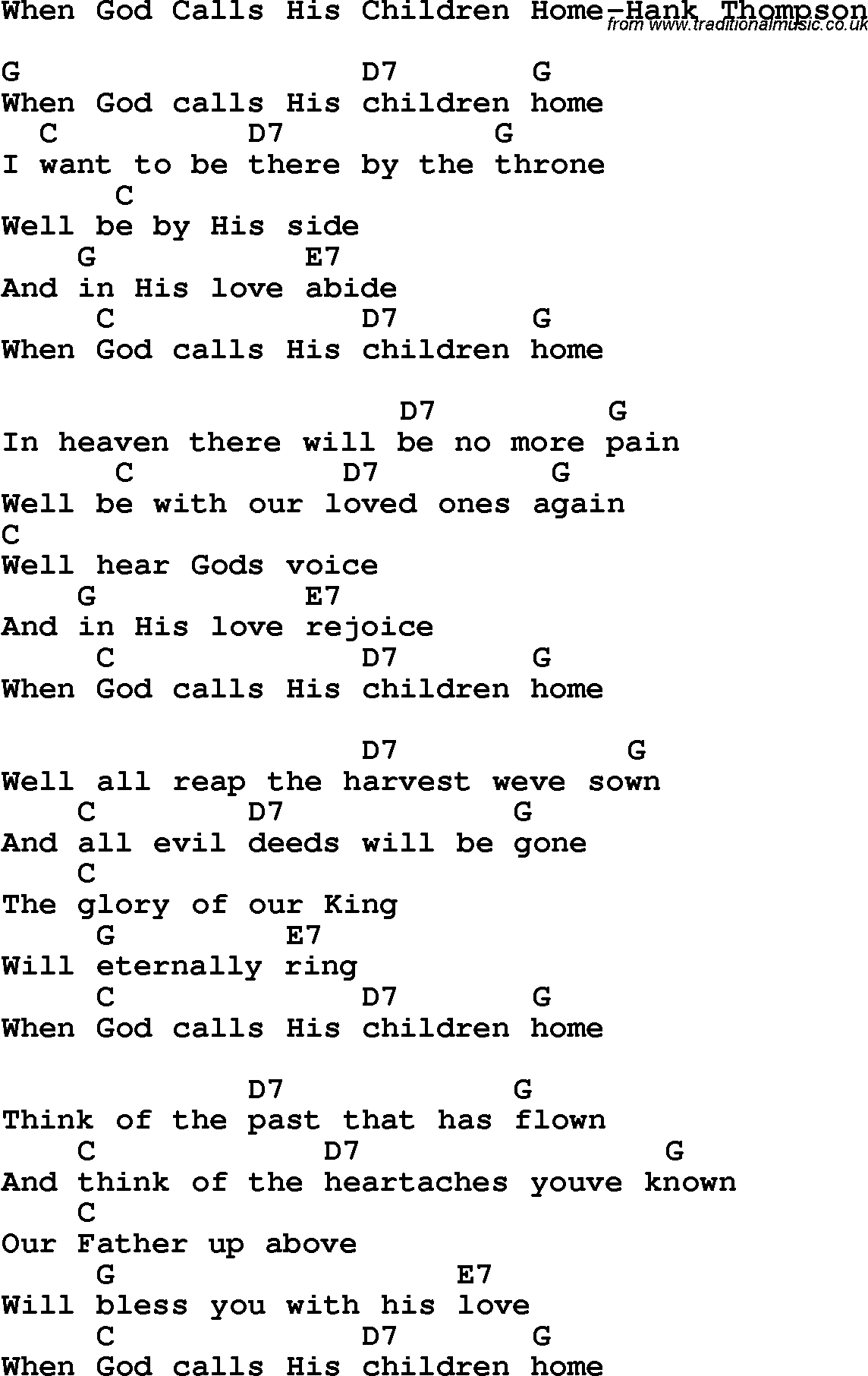 Country, Southern and Bluegrass Gospel Song When God Calls His Children Home-Hank Thompson lyrics and chords