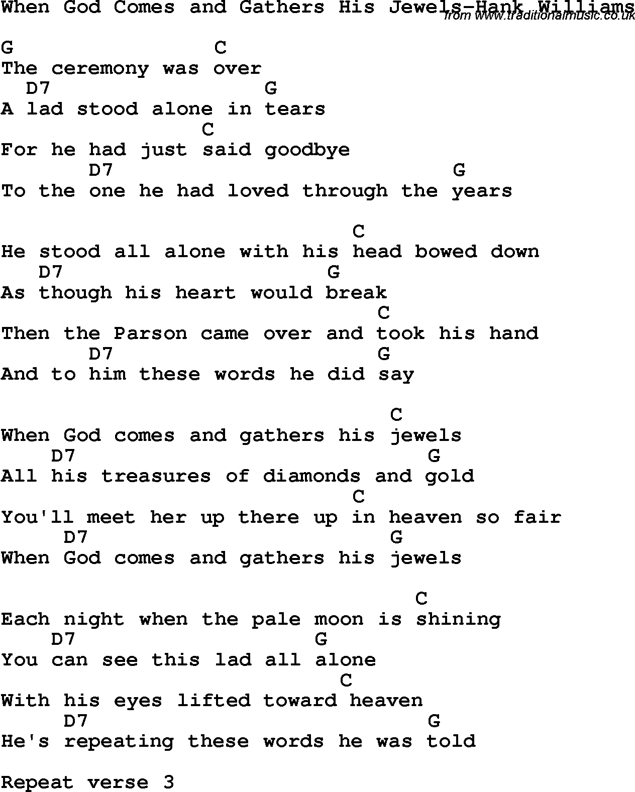 Country, Southern and Bluegrass Gospel Song When God Comes and Gathers His Jewels-Hank Williams lyrics and chords