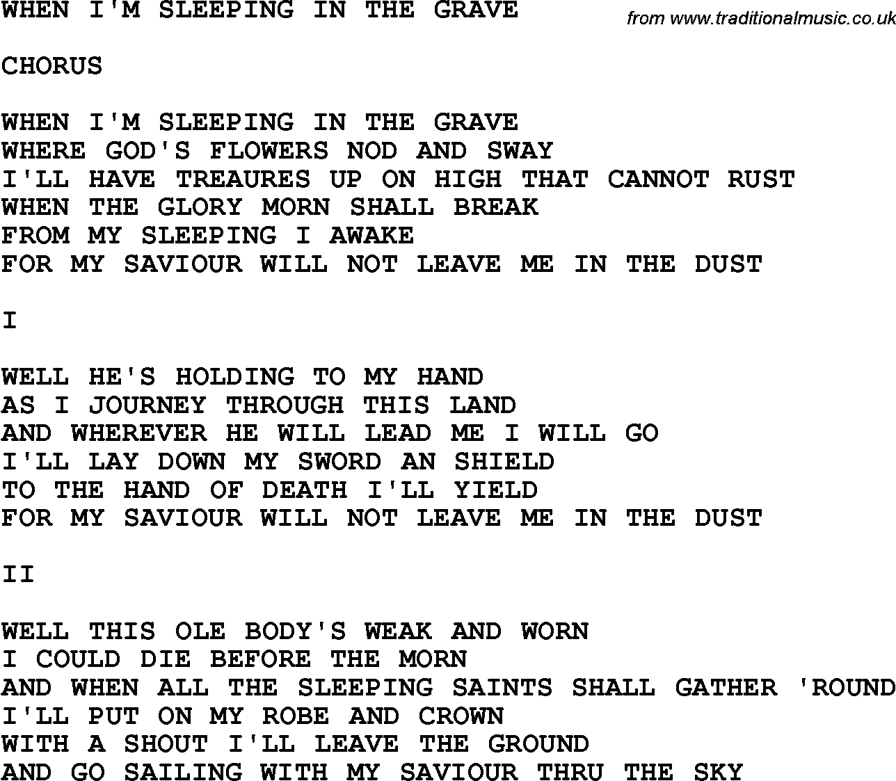 Country, Southern and Bluegrass Gospel Song When I'm Sleeping In The Grave lyrics 