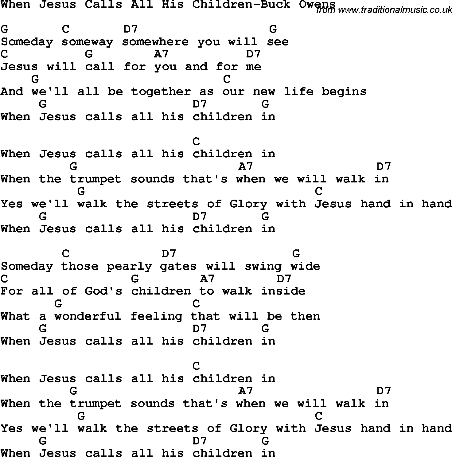 Country, Southern and Bluegrass Gospel Song When Jesus Calls All His Children-Buck Owens lyrics and chords