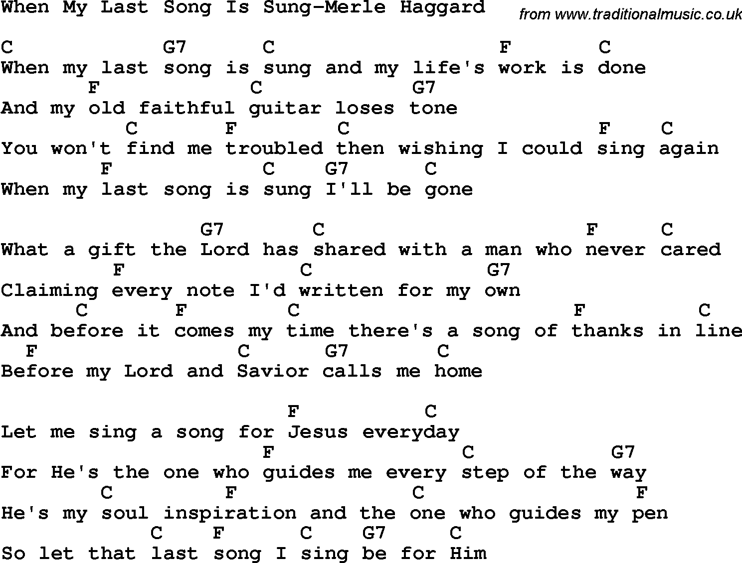 Country, Southern and Bluegrass Gospel Song When My Last Song Is Sung-Merle Haggard lyrics and chords