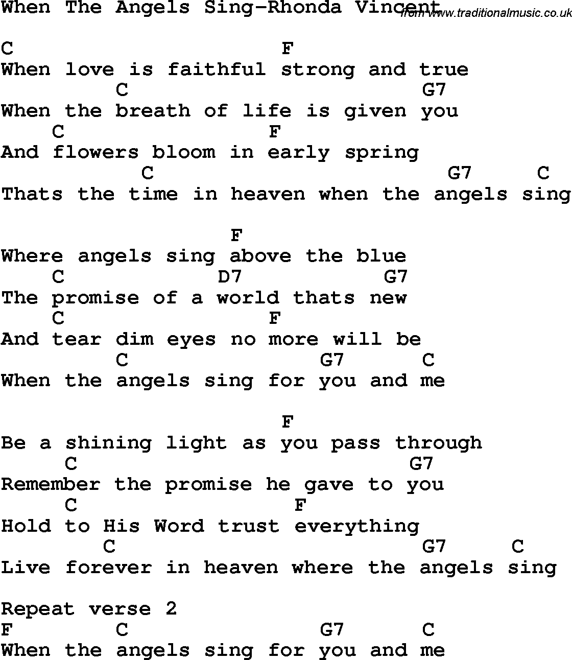 Country, Southern and Bluegrass Gospel Song When The Angels Sing-Rhonda Vincent lyrics and chords