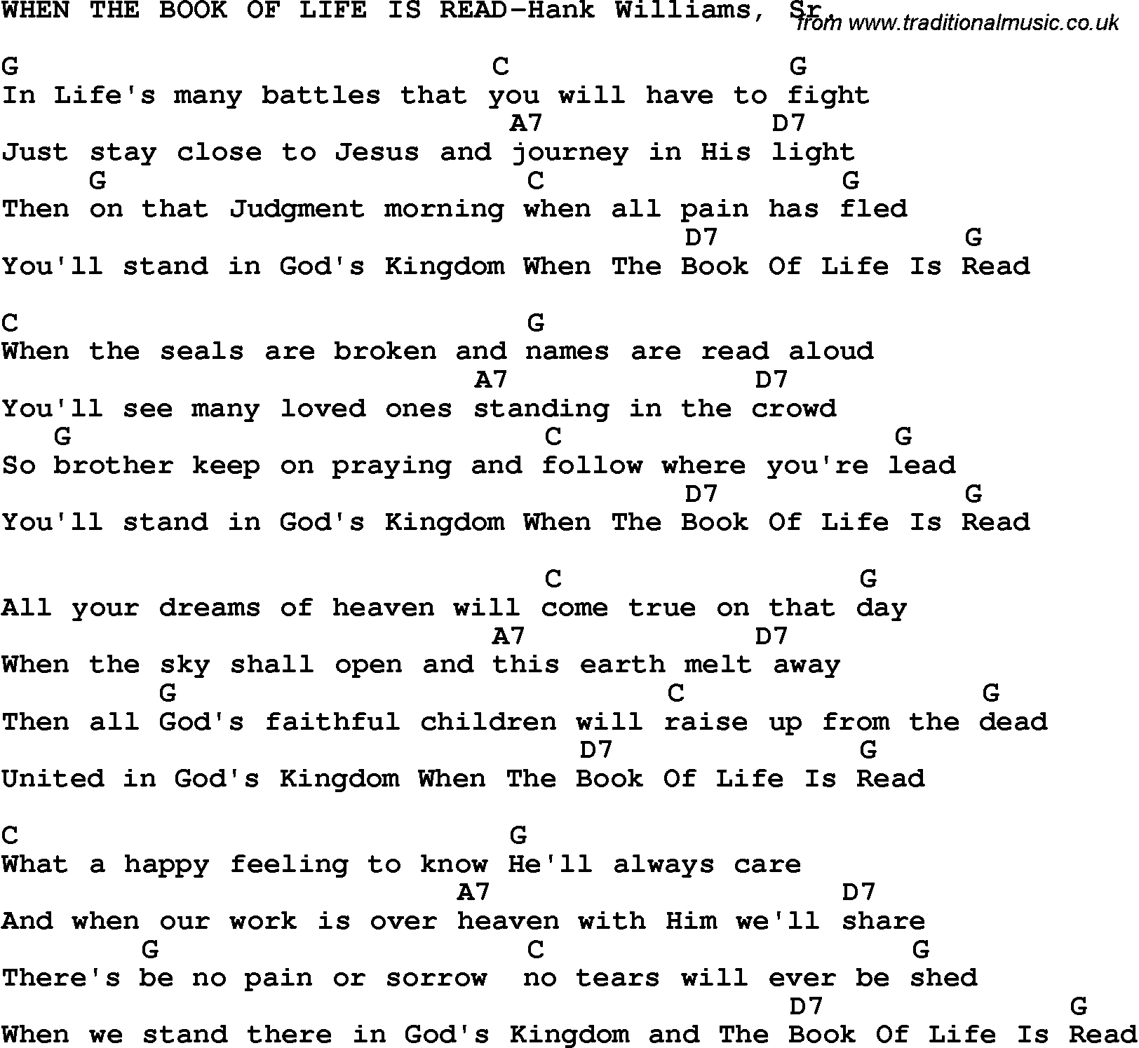 Country, Southern and Bluegrass Gospel Song WHEN THE BOOK OF LIFE IS READ-Hank Williams, Sr lyrics and chords