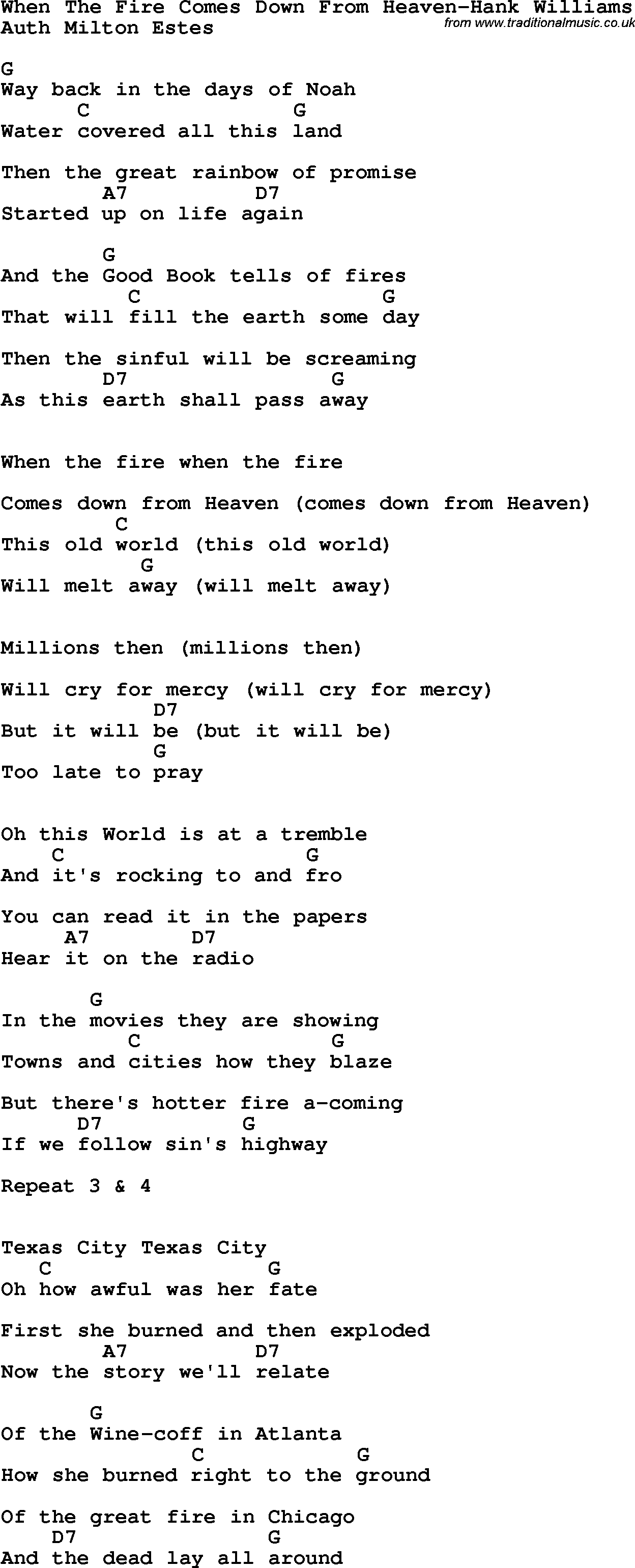 Country, Southern and Bluegrass Gospel Song When The Fire Comes Down From Heaven-Hank Williams lyrics and chords