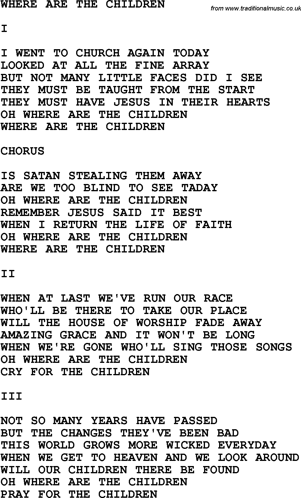 Country, Southern and Bluegrass Gospel Song Where Are The Children lyrics 