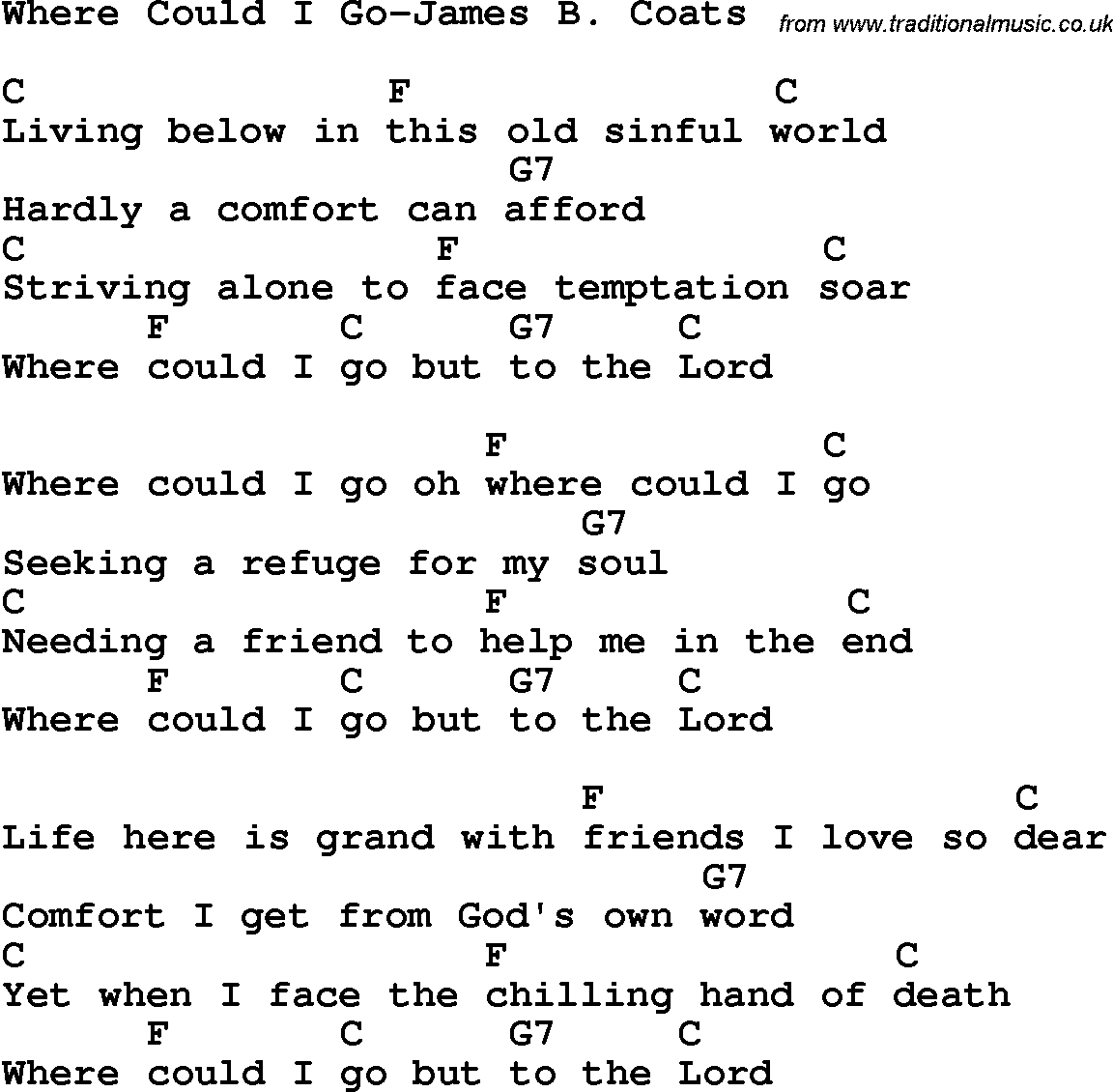 Country, Southern and Bluegrass Gospel Song Where Could I Go-James B Coats lyrics and chords
