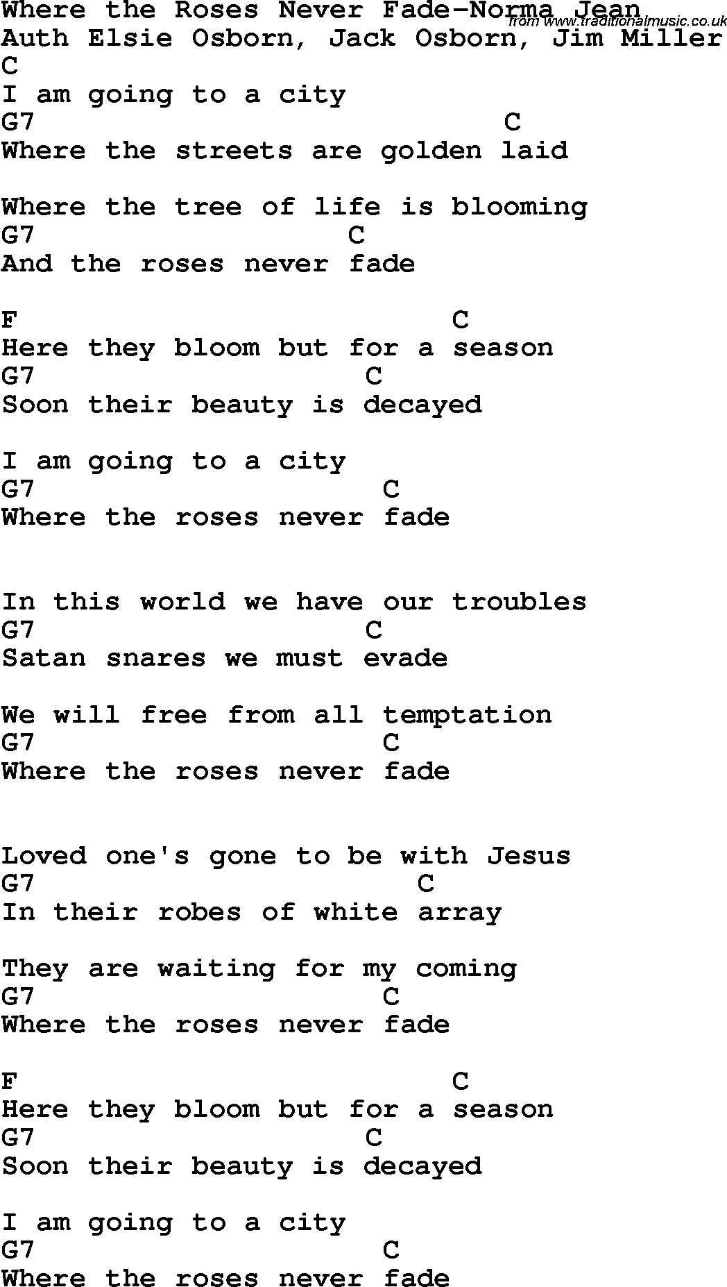 Country, Southern and Bluegrass Gospel Song Where the Roses Never Fade-Norma Jean lyrics and chords