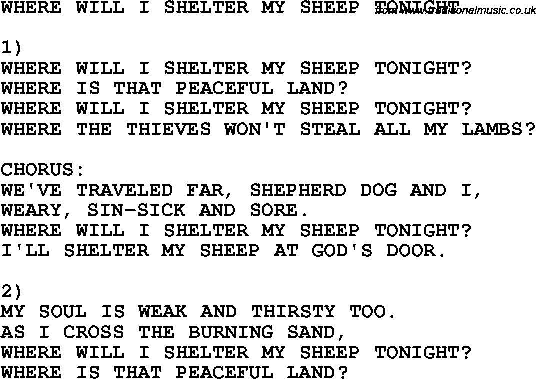 Country, Southern and Bluegrass Gospel Song Where Will I Shelter My Sheep Tonight lyrics 