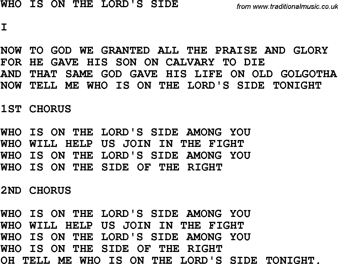 Country, Southern and Bluegrass Gospel Song Who Is On The Lord's Side lyrics 