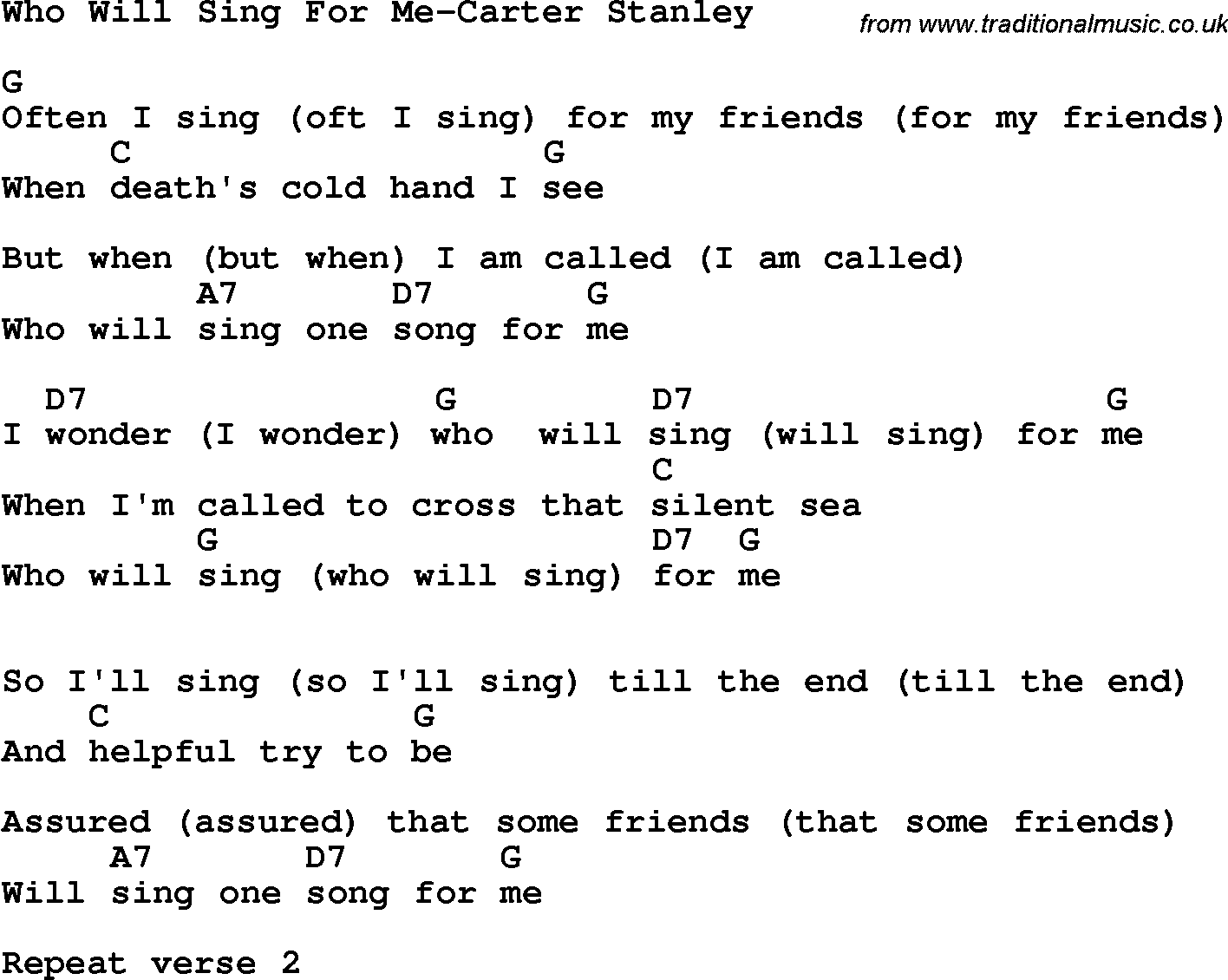 Country, Southern and Bluegrass Gospel Song Who Will Sing For Me-Carter Stanley lyrics and chords