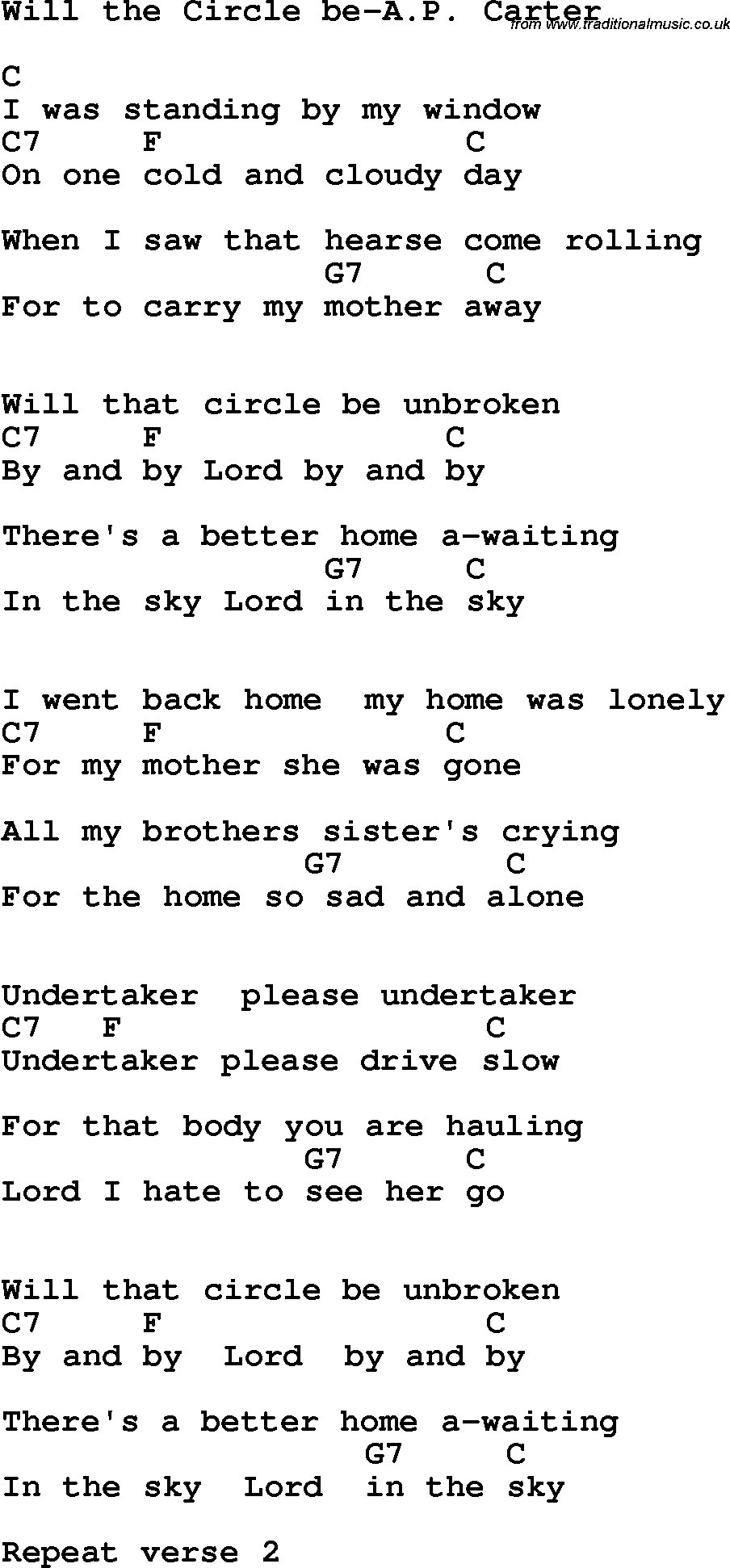 Country, Southern and Bluegrass Gospel Song Will the Circle be Unbroken-A P Carter lyrics and chords