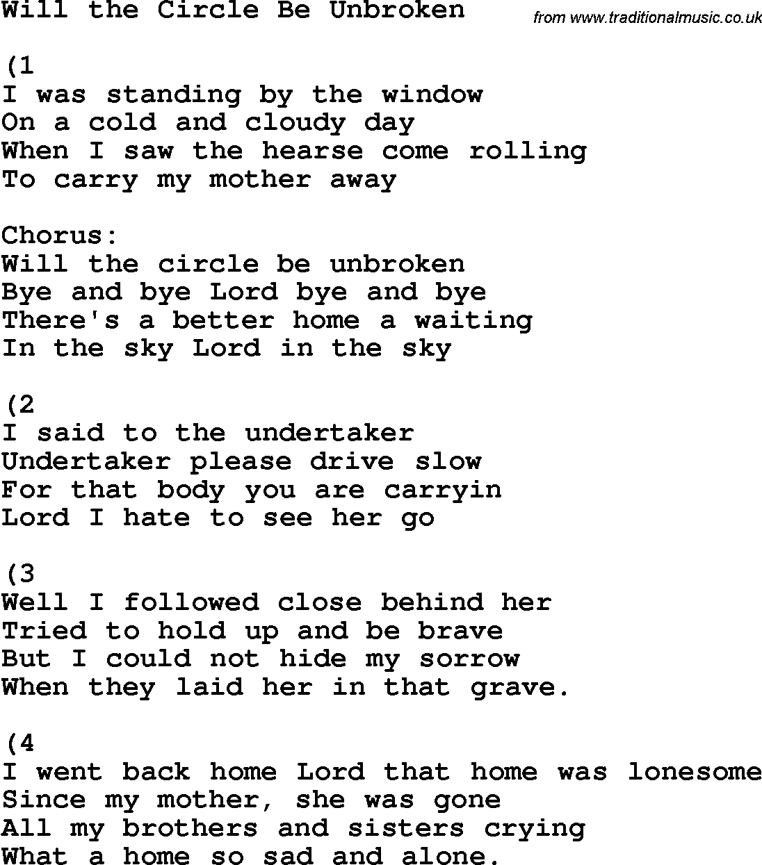 Country, Southern and Bluegrass Gospel Song Will The Circle Be Unbroken lyrics 