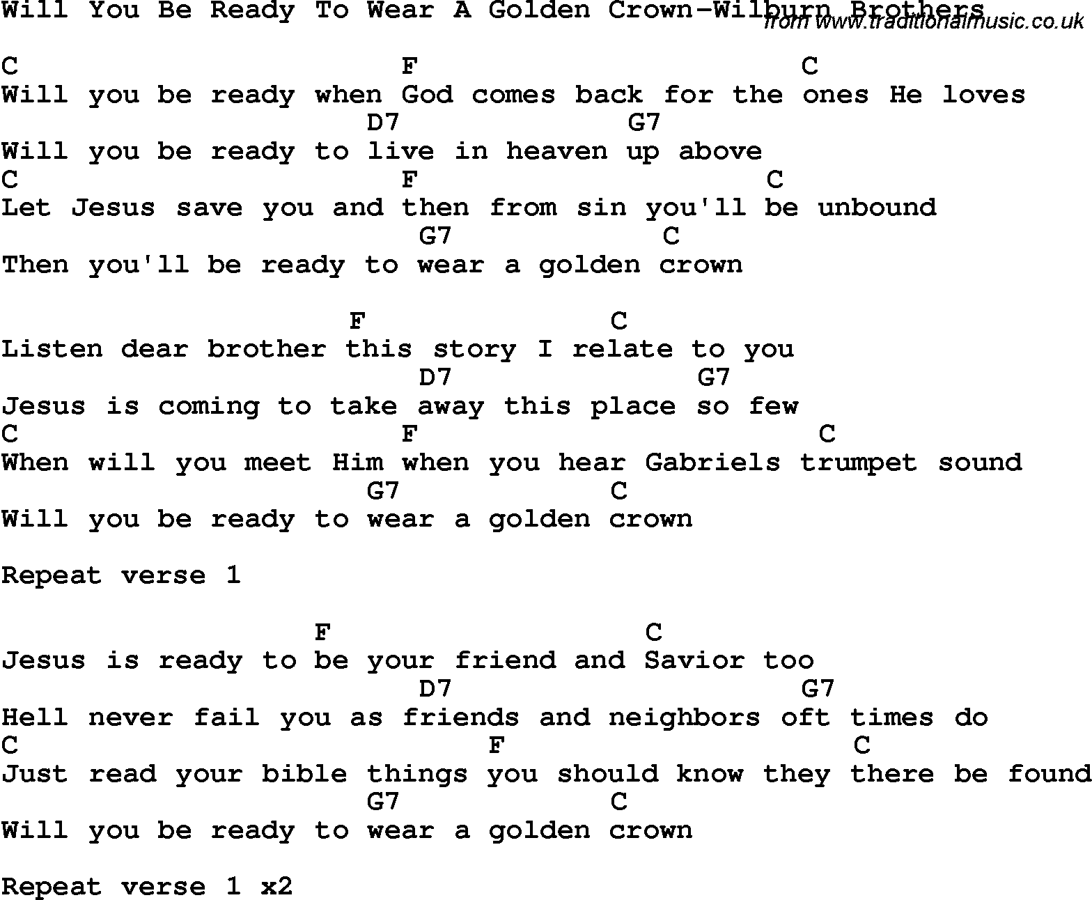Country, Southern and Bluegrass Gospel Song Will You Be Ready To Wear A Golden Crown-Wilburn Brothers lyrics and chords