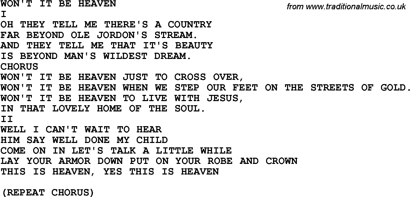 Country, Southern and Bluegrass Gospel Song Won't It Be Heaven lyrics 