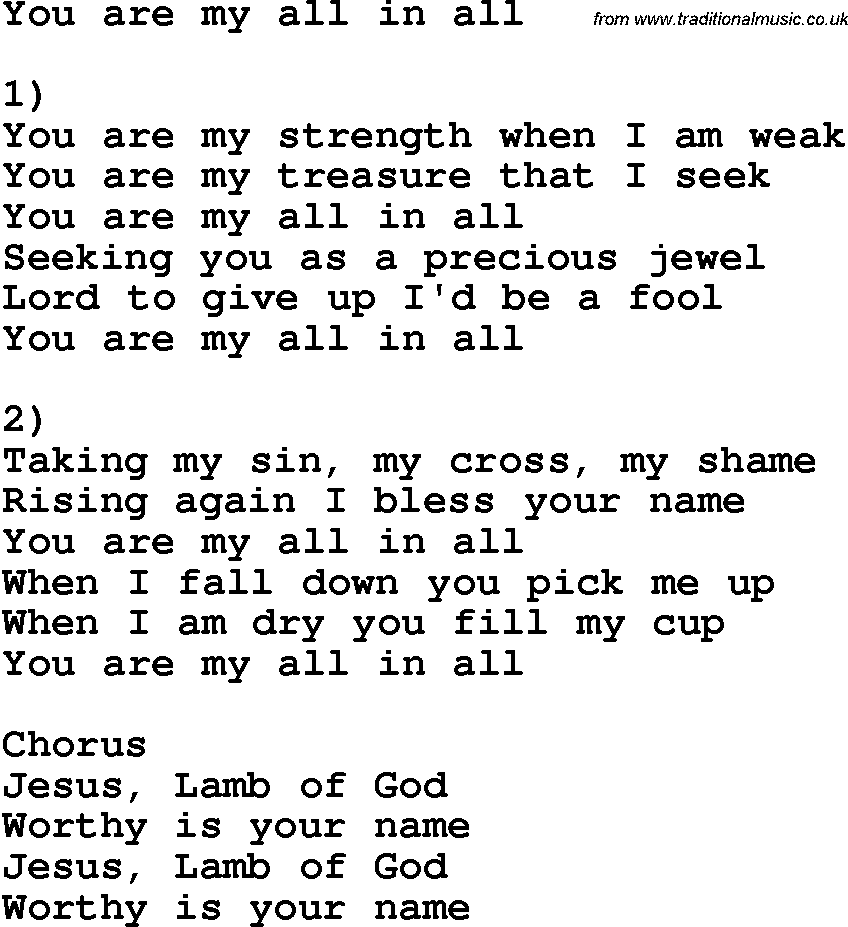 Country, Southern and Bluegrass Gospel Song You Are My All In All lyrics 