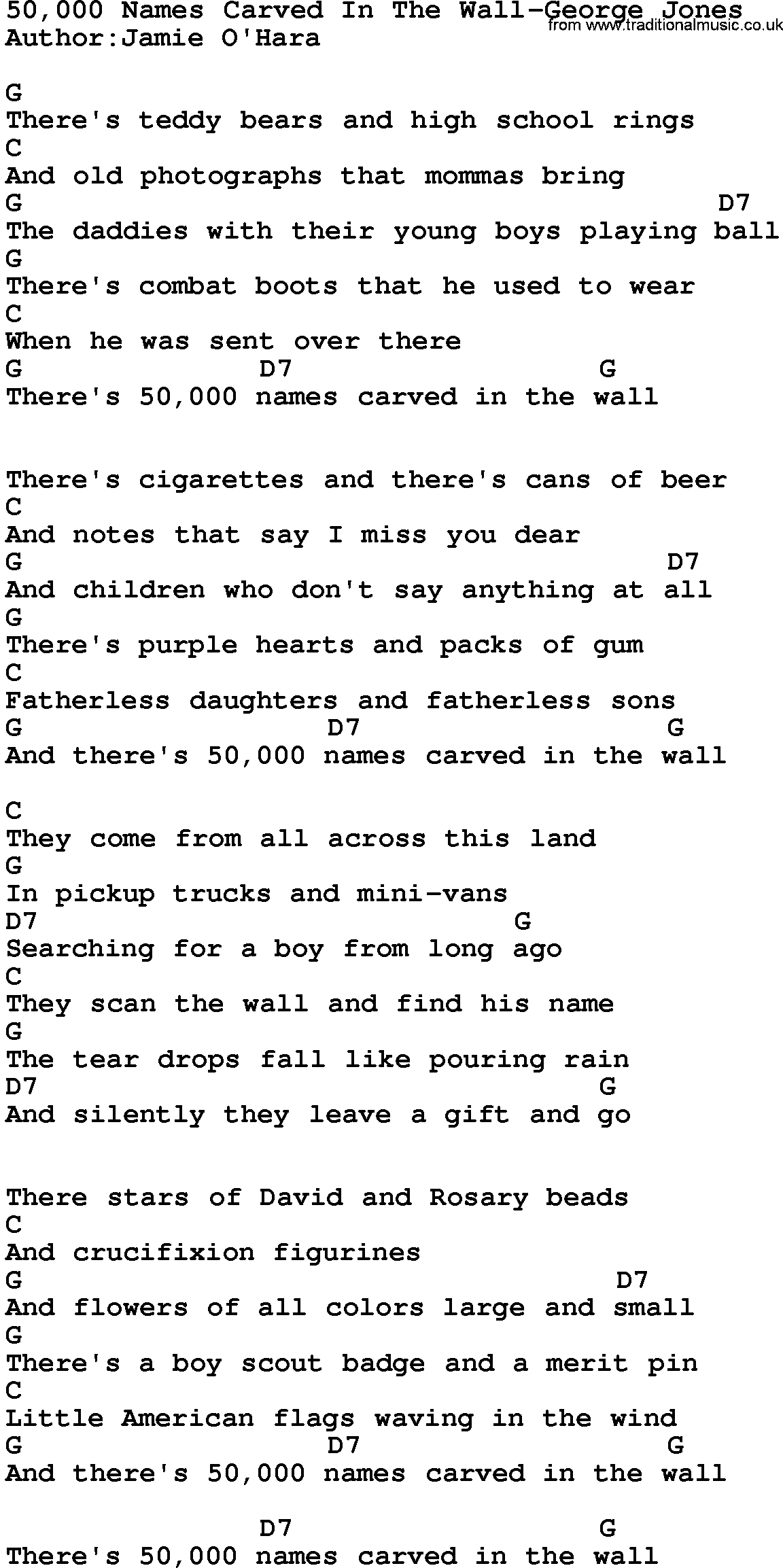 Country music song: 50,000 Names Carved In The Wall-George Jones lyrics and chords