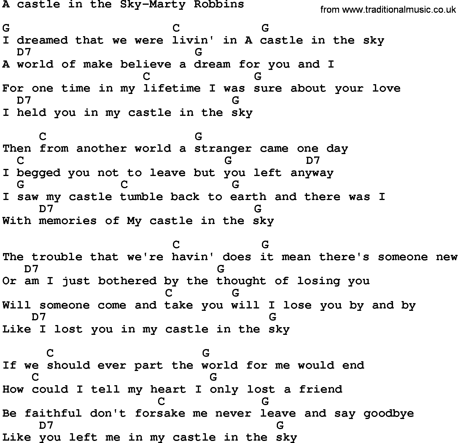 Country music song: A Castle In The Sky-Marty Robbins lyrics and chords