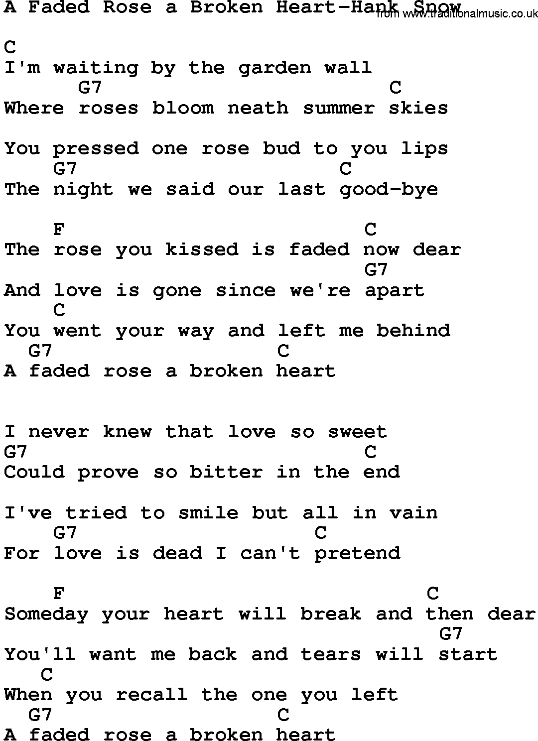 Country music song: A Faded Rose A Broken Heart-Hank Snow lyrics and chords
