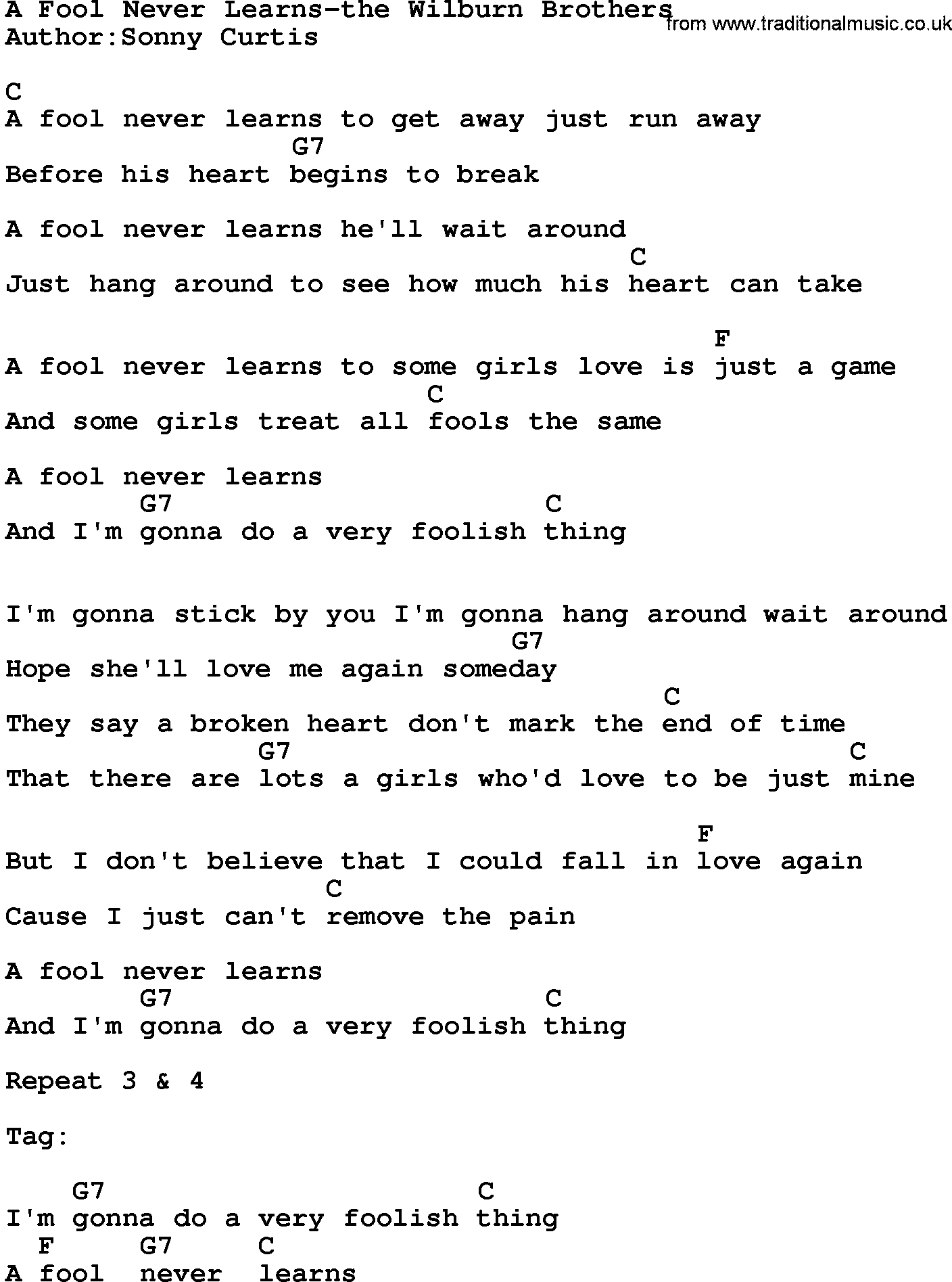 Country music song: A Fool Never Learns-The Wilburn Brothers lyrics and chords
