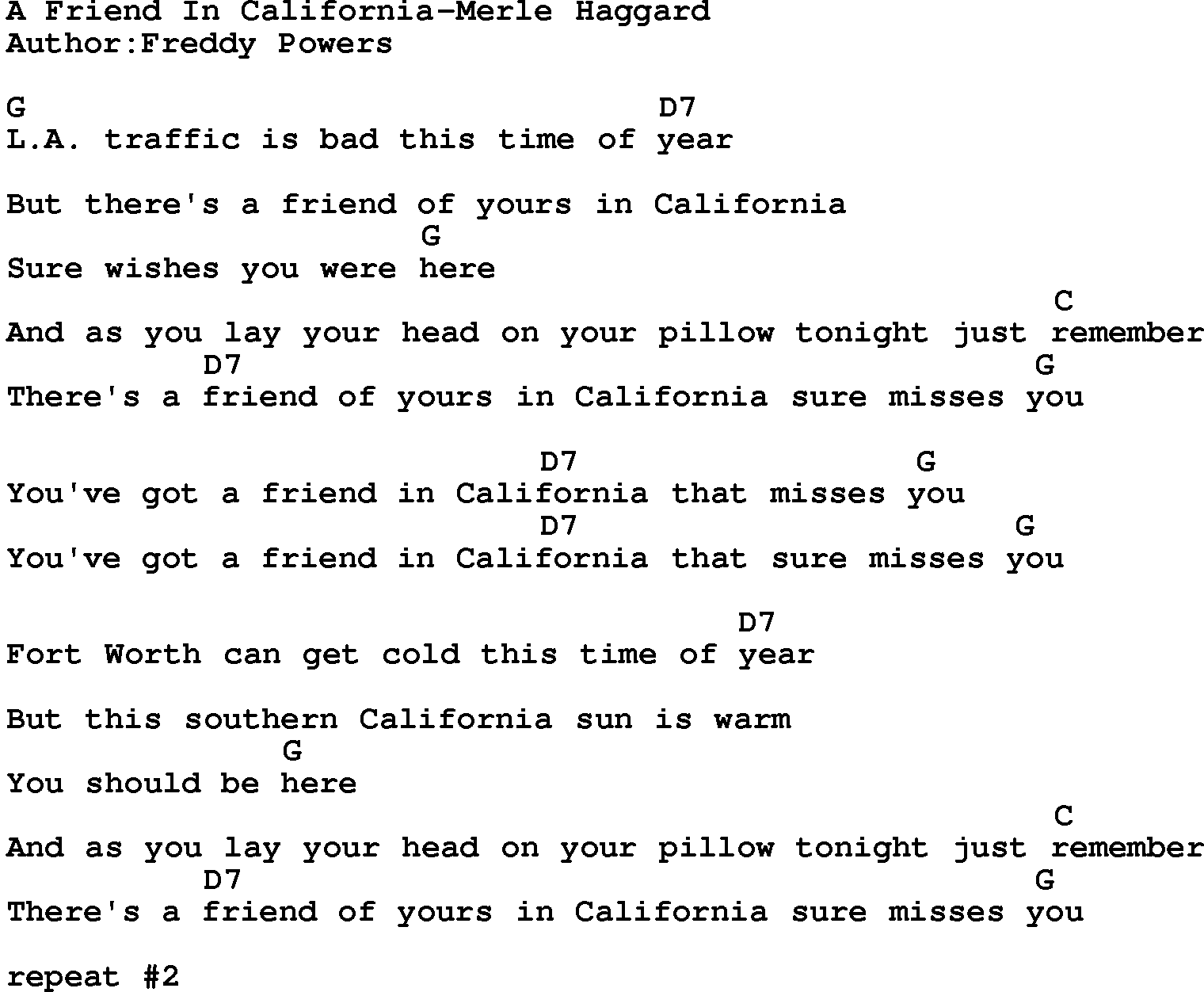 Country music song: A Friend In California-Merle Haggard lyrics and chords