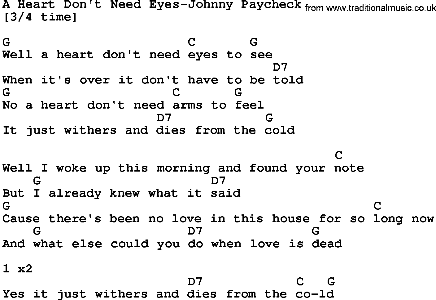 Country music song: A Heart Don't Need Eyes-Johnny Paycheck lyrics and chords