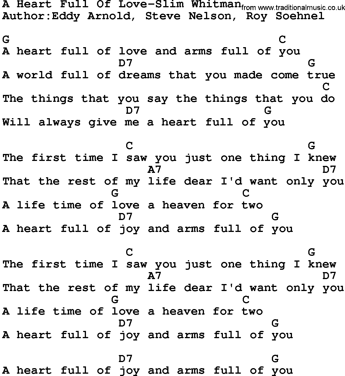 Country music song: A Heart Full Of Love-Slim Whitman lyrics and chords