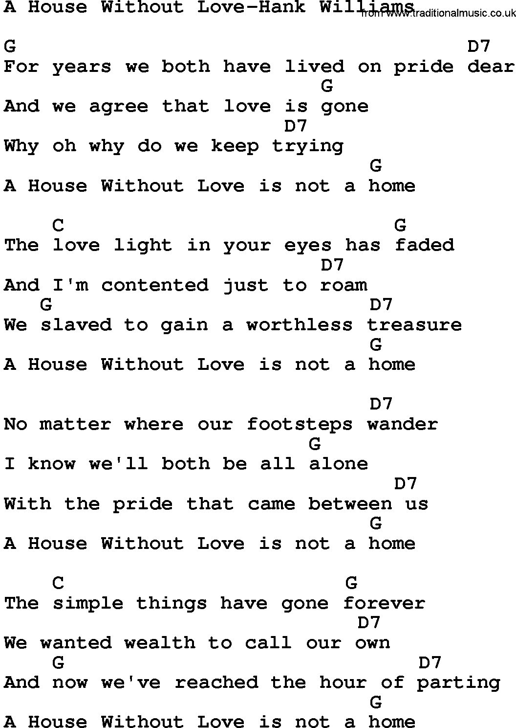 Country music song: A House Without Love-Hank Williams lyrics and chords