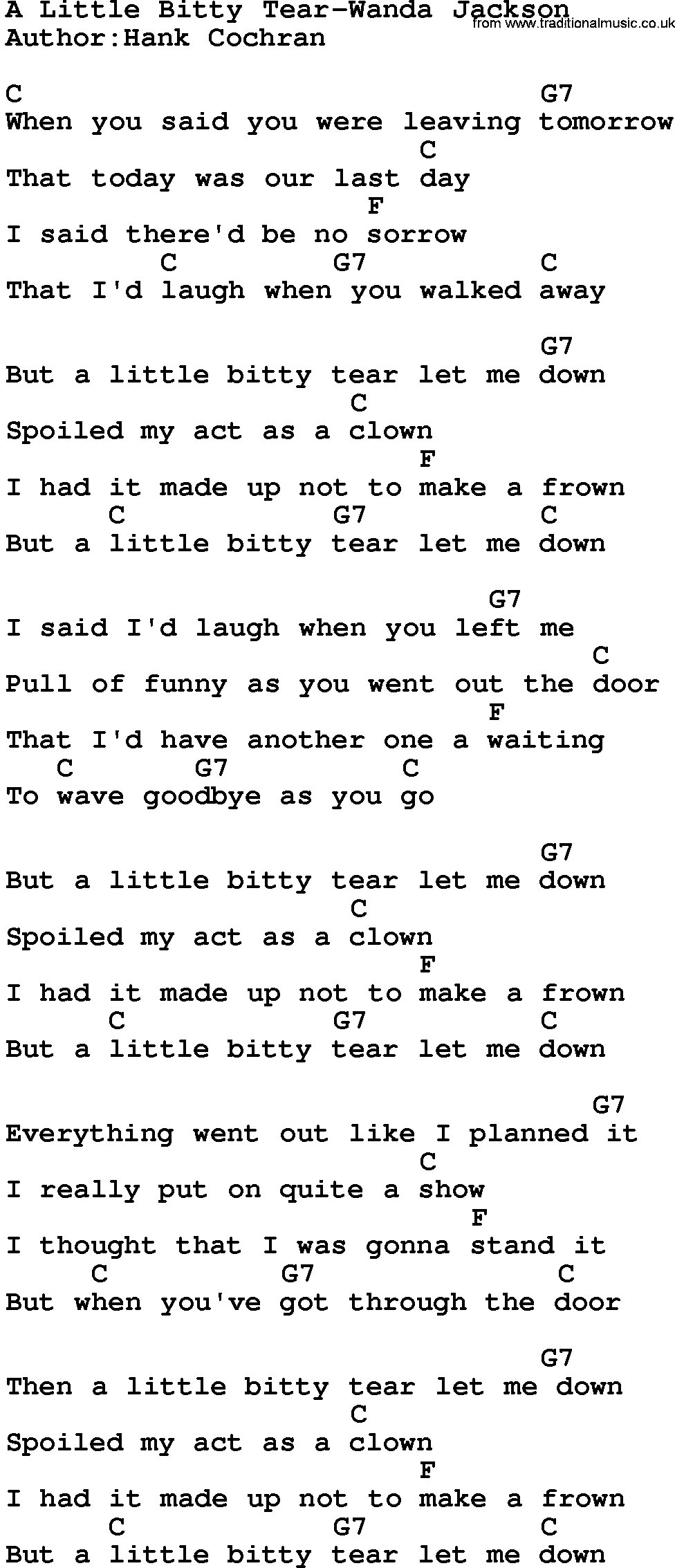 Country music song: A Little Bitty Tear-Wanda Jackson lyrics and chords