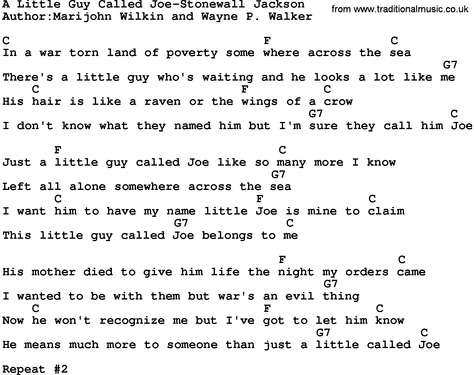 Country music song: A Little Guy Called Joe-Stonewall Jackson lyrics and chords